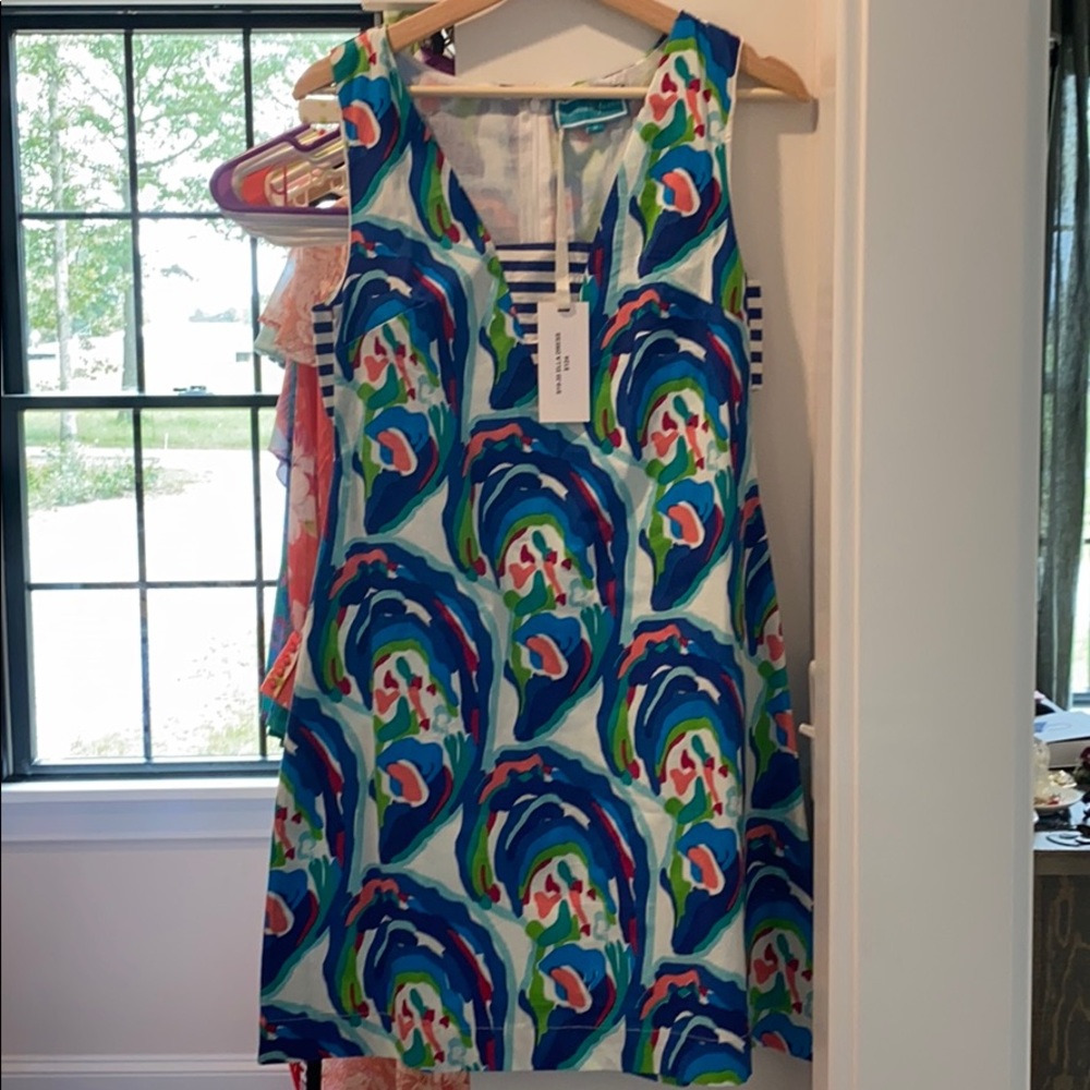Sleeveless V-Neck Mini Dress in Blue & Green Print